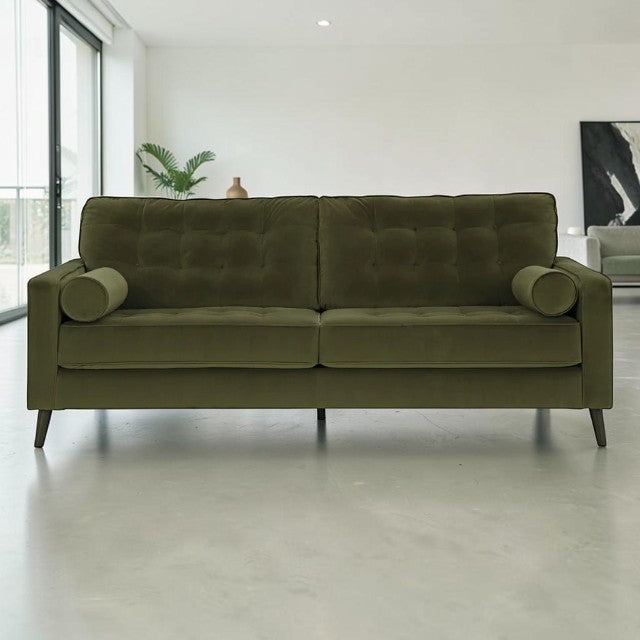 Olive Green, Velvet Sofa with Tufted Back and Tapered Legs