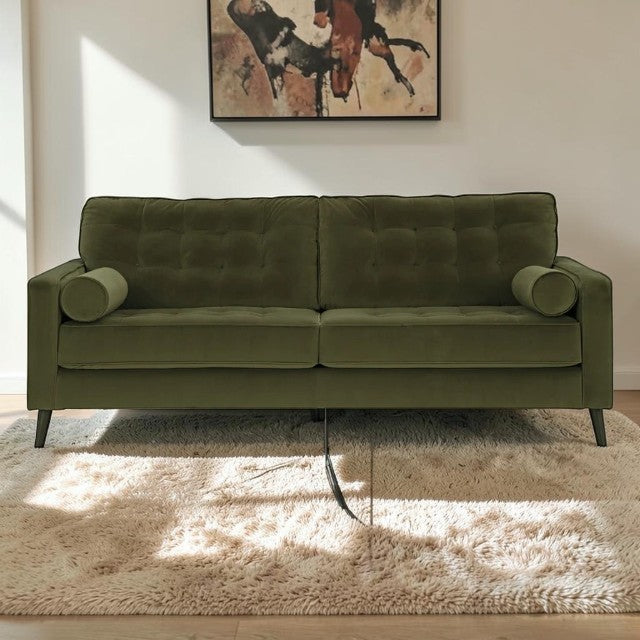 Olive Green, Velvet Sofa with Tufted Back and Tapered Legs