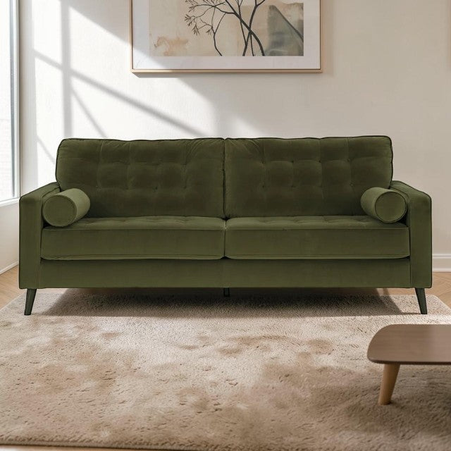 Olive Green, Velvet Sofa with Tufted Back and Tapered Legs