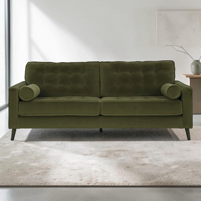 Olive Green, Velvet Sofa with Tufted Back and Tapered Legs