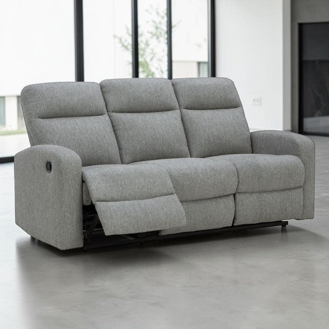 Gray Fabric, Reclining Sofa with Dual Recliners and Plush Cushions