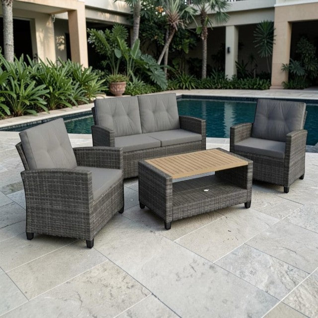 Outdoor Patio, 4 Piece Wicker Seating Set with Cushions and Coffee Table