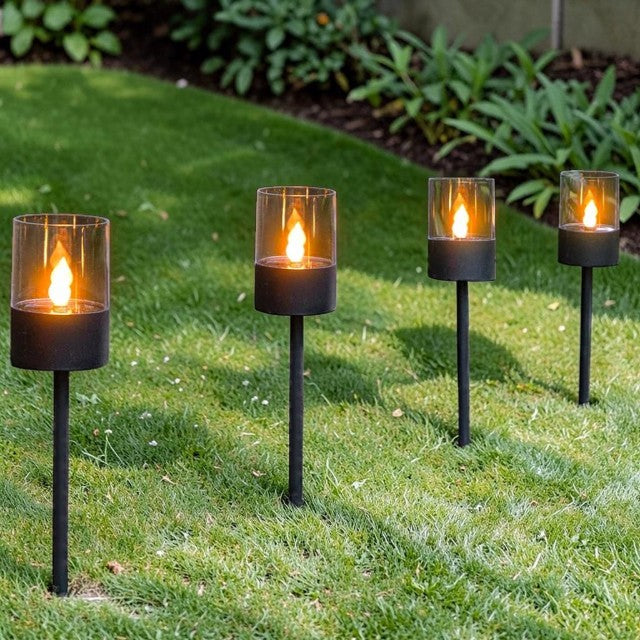 Outdoor Lights, Solar Stake Pathway Lanterns with Flickering LED, Set of 4