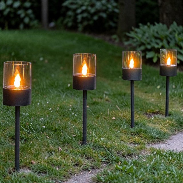 Outdoor Lights, Solar Stake Pathway Lanterns with Flickering LED, Set of 4