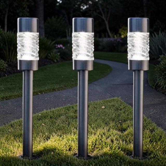 Outdoor Lights, Solar Stainless Steel Pathway Stake Lights with Glass Lens, Set of 3