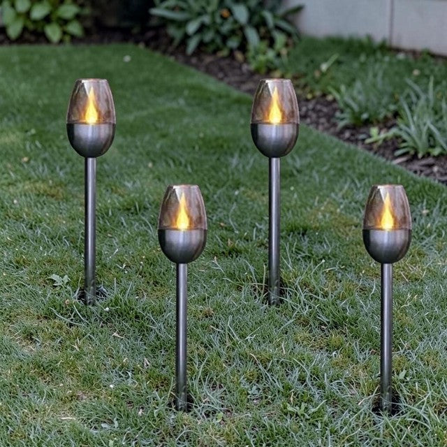 Outdoor Lights, Solar Flame Torch Stake Lights with Stainless Steel Finish, Set of 4