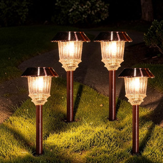 Outdoor Lights, Solar Bronze Pathway Stake Lights with Glass Shade, Set of 4