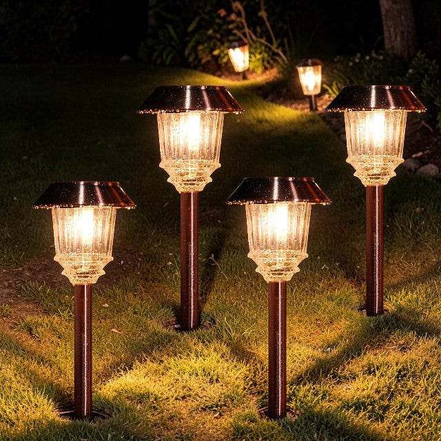 Outdoor Lights, Solar Bronze Pathway Stake Lights with Glass Shade, Set of 4