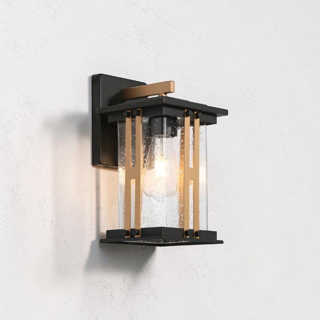 Outdoor Lights, Black and Gold Wall Lantern with Clear Glass Shade