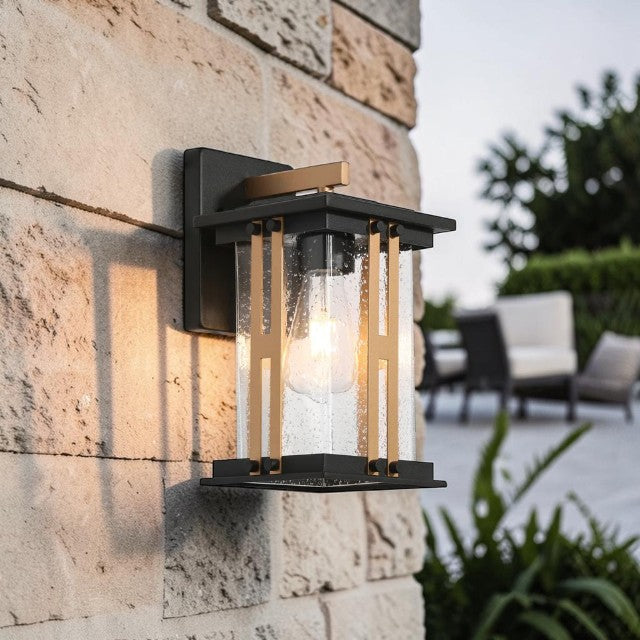 Outdoor Lights, Black and Gold Wall Lantern with Clear Glass Shade