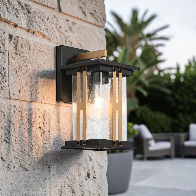 Outdoor Lights, Black and Gold Wall Lantern with Clear Glass Shade