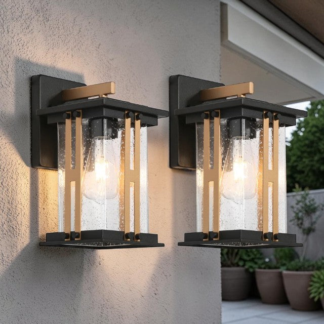 Outdoor Lights, Black and Gold Wall Lantern with Clear Glass Shade