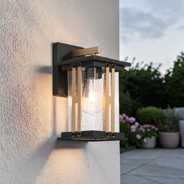 Outdoor Lights, Black and Gold Wall Lantern with Clear Glass Shade