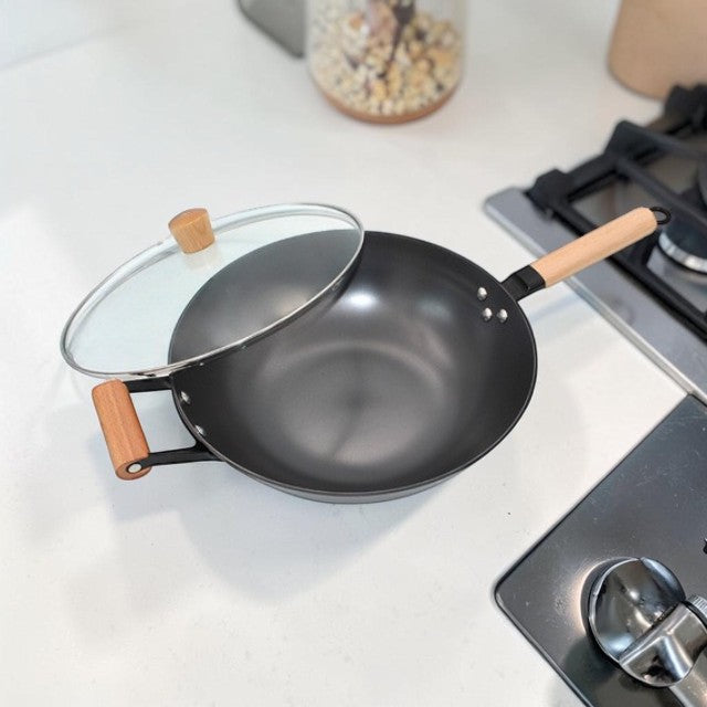 Kitchen Lightweight, Cast Iron Wok with Glass Lid, 12.6 Inch