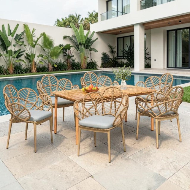 Outdoor Patio, 7 Piece Dining Set with Wicker Chairs and Wood Table