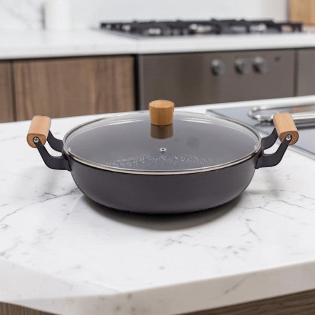 Kitchen Lightweight, Cast Iron Casserole Pan with Nonstick Coating and Glass Lid, 12 Inch