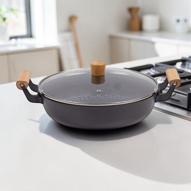 Kitchen Lightweight, Cast Iron Casserole Pan with Nonstick Coating and Glass Lid, 12 Inch