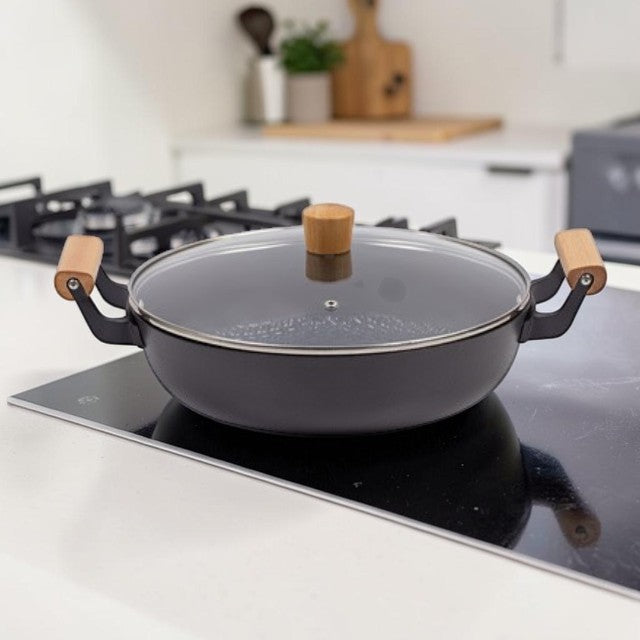 Kitchen Lightweight, Cast Iron Casserole Pan with Nonstick Coating and Glass Lid, 12 Inch