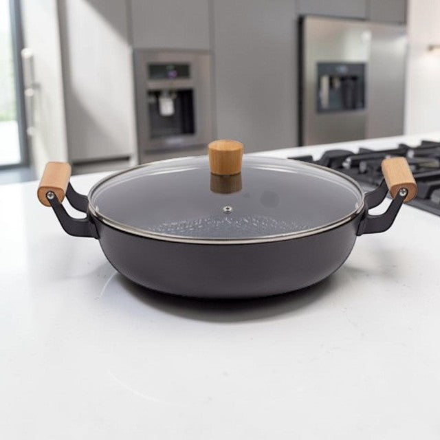Kitchen Lightweight, Cast Iron Casserole Pan with Nonstick Coating and Glass Lid, 12 Inch