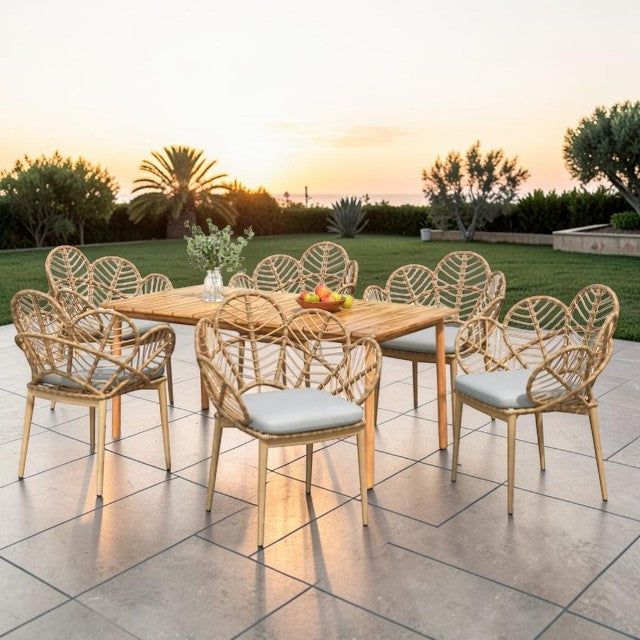 Outdoor Patio, 7 Piece Dining Set with Wicker Chairs and Wood Table