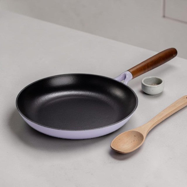 Kitchen Lightweight, Cast Iron Fry Pan with Enameled Finish and Wooden Handle, 11 Inch