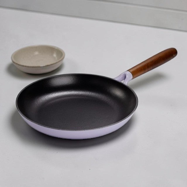 Kitchen Lightweight, Cast Iron Fry Pan with Enameled Finish and Wooden Handle, 11 Inch