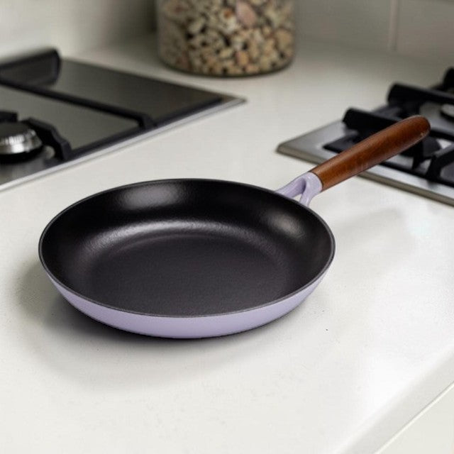 Kitchen Lightweight, Cast Iron Fry Pan with Enameled Finish and Wooden Handle, 11 Inch