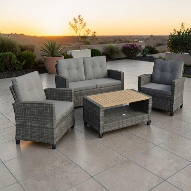 Outdoor Patio, 4 Piece Wicker Seating Set with Cushions and Coffee Table