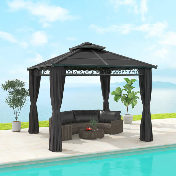 Hardtop Gazebo with Polycarbonate Roof and Curtains, 10 ft x 10 ft