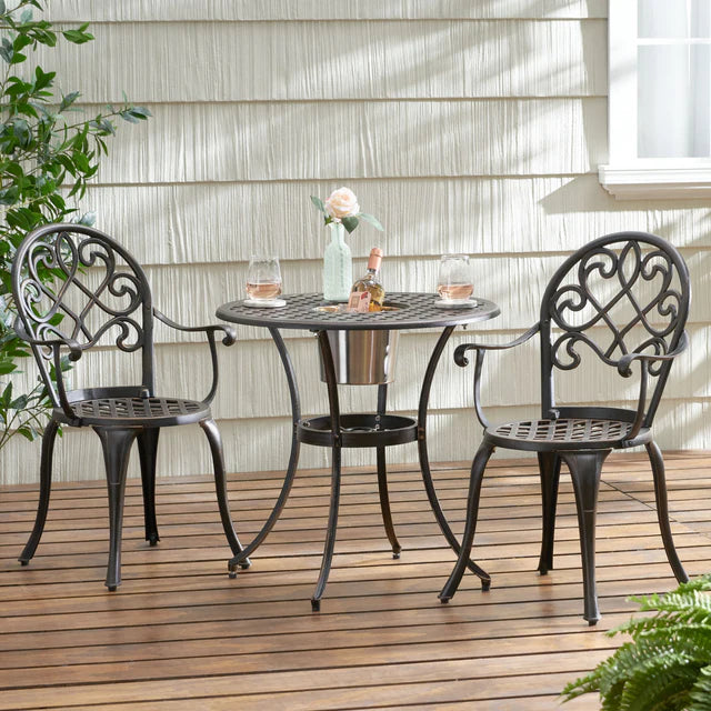 Outdoor Patio, 3 Piece Cast Aluminum Bistro Set with Built-In Ice Bucket