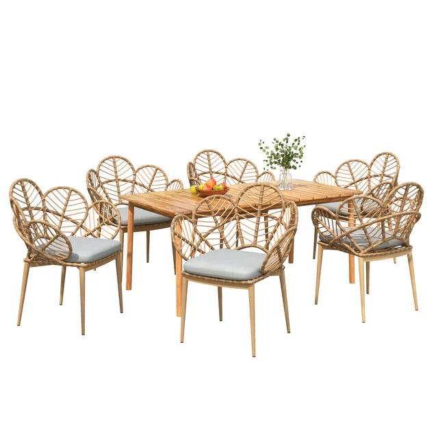 Outdoor Patio, 7 Piece Dining Set with Wicker Chairs and Wood Table