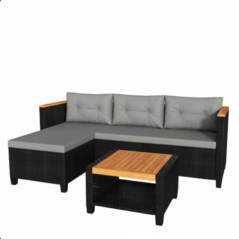 Outdoor Patio, L Shaped Rattan Seating Set with Cushions and Storage Table