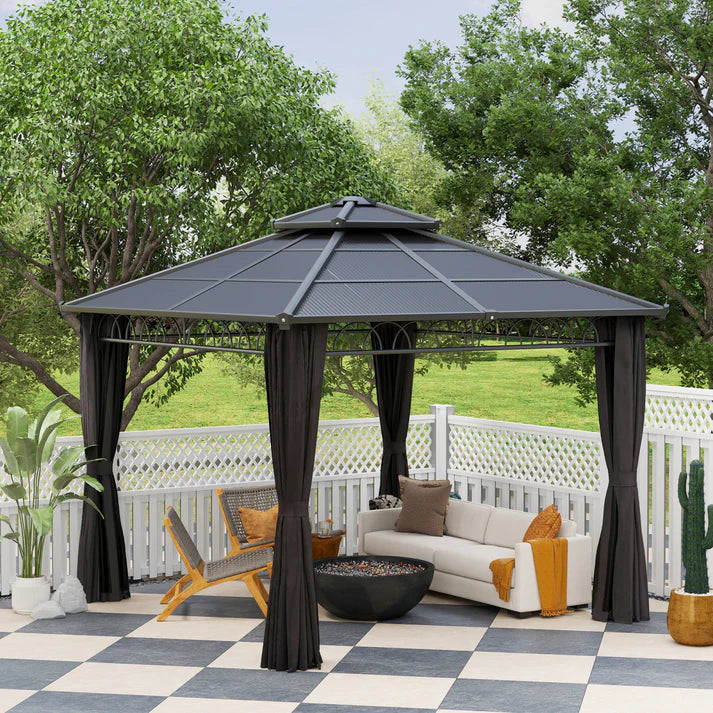 Hardtop Gazebo with Polycarbonate Roof and Curtains, 10 ft x 10 ft