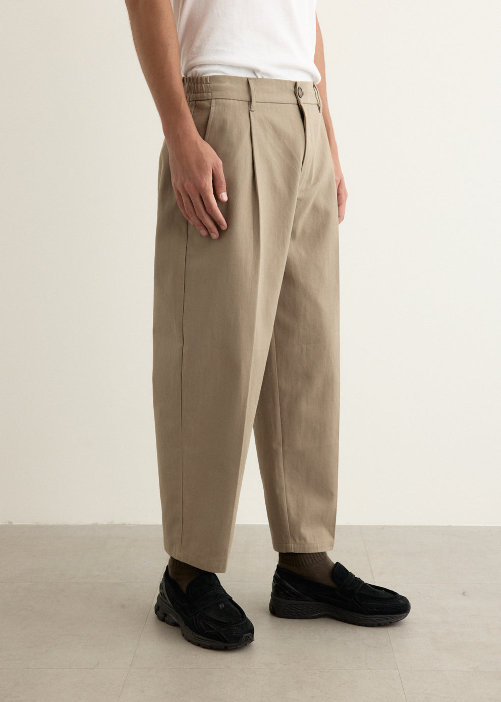 Tapered Herringbone Twill Pants with Mid-Rise Waist and Elasticated Back, Cropped Length