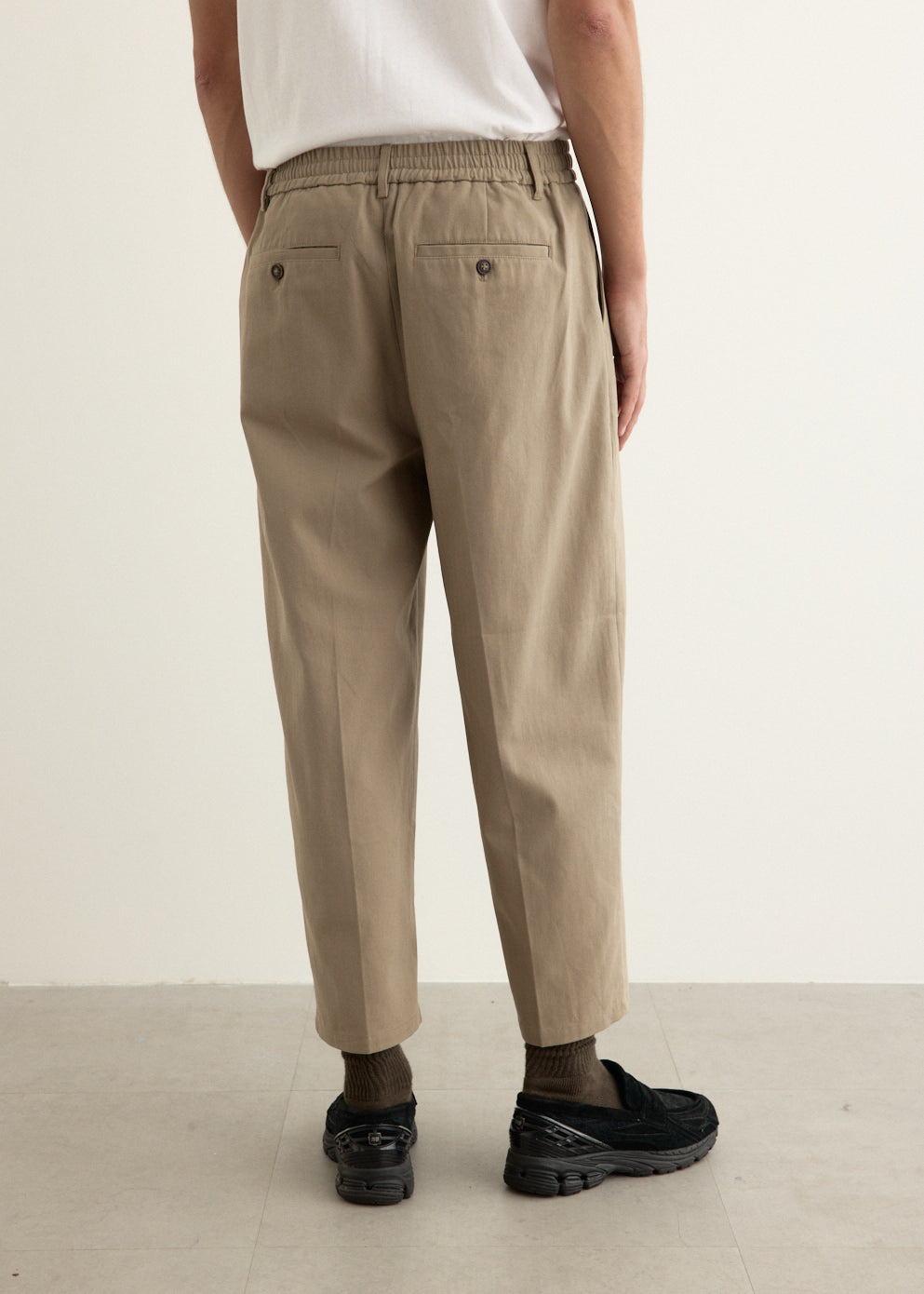 Tapered Herringbone Twill Pants with Mid-Rise Waist and Elasticated Back, Cropped Length