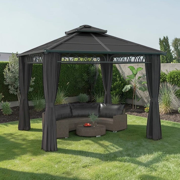 Hardtop Gazebo with Polycarbonate Roof and Curtains, 10 ft x 10 ft