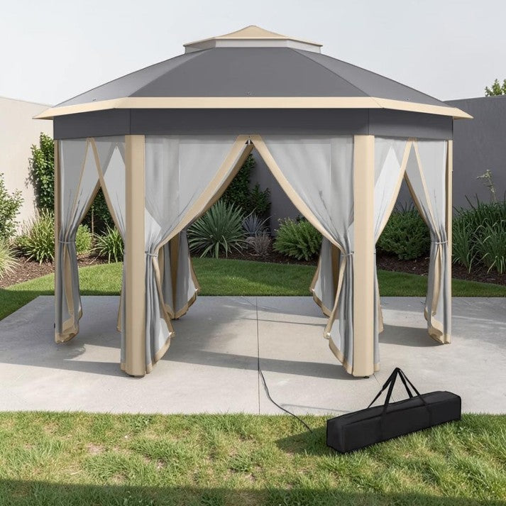 Hexagon Pop-Up Gazebo with Mesh Curtains and Carry Bag, 13 ft x 11 ft
