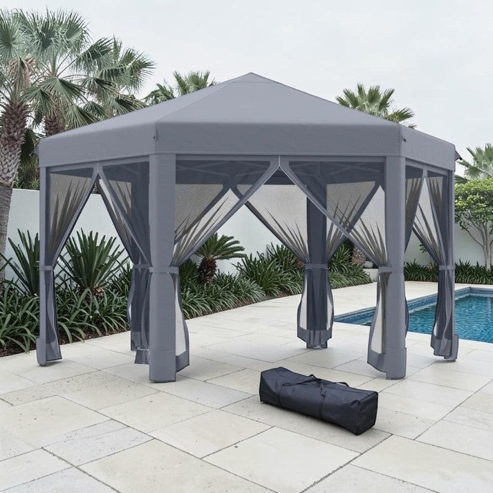 Hexagon Pop-Up Gazebo with Mesh Sidewalls and Carry Bag, 10.5 ft