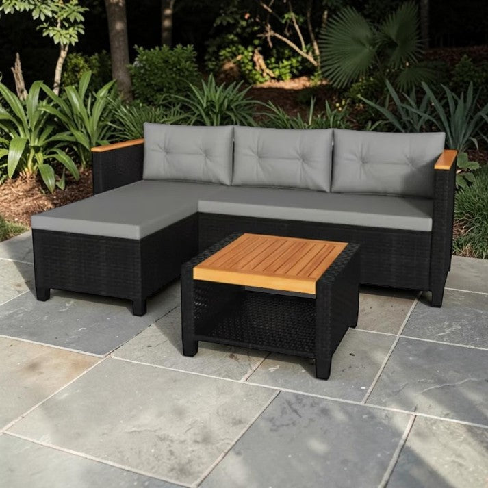 Outdoor Patio, L Shaped Rattan Seating Set with Cushions and Storage Table