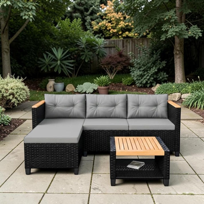 Outdoor Patio, L Shaped Rattan Seating Set with Cushions and Storage Table