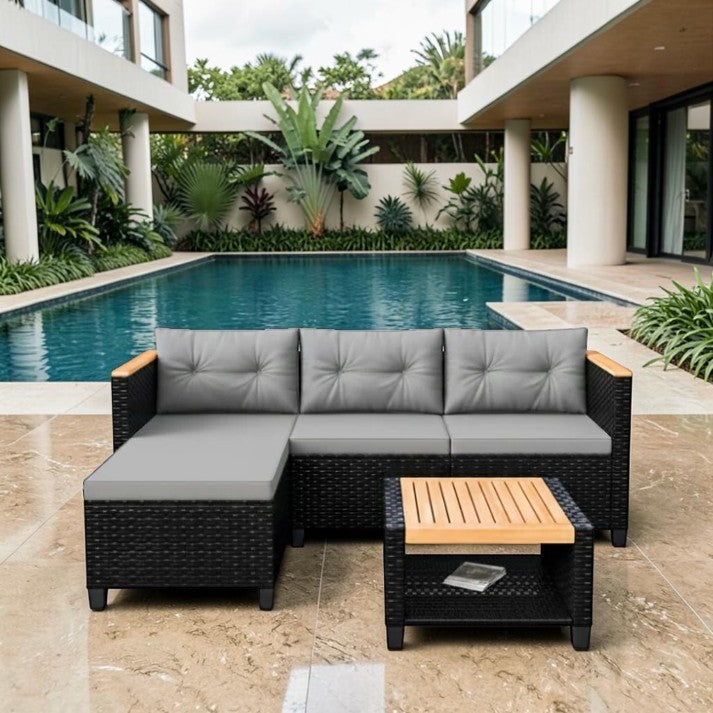 Outdoor Patio, L Shaped Rattan Seating Set with Cushions and Storage Table