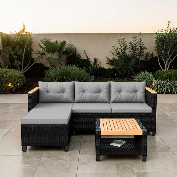 Outdoor Patio, L Shaped Rattan Seating Set with Cushions and Storage Table