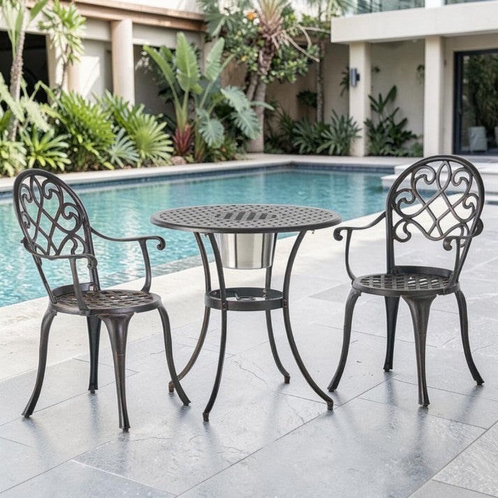 Outdoor Patio, 3 Piece Cast Aluminum Bistro Set with Built-In Ice Bucket