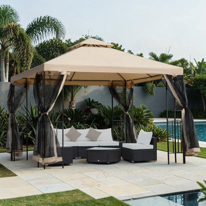 Outdoor Gazebo with Mesh Netting and Double-Tier Roof, 10 ft x 10 ft