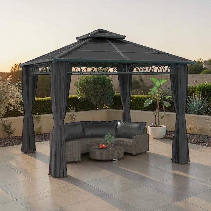 Hardtop Gazebo with Polycarbonate Roof and Curtains, 10 ft x 10 ft
