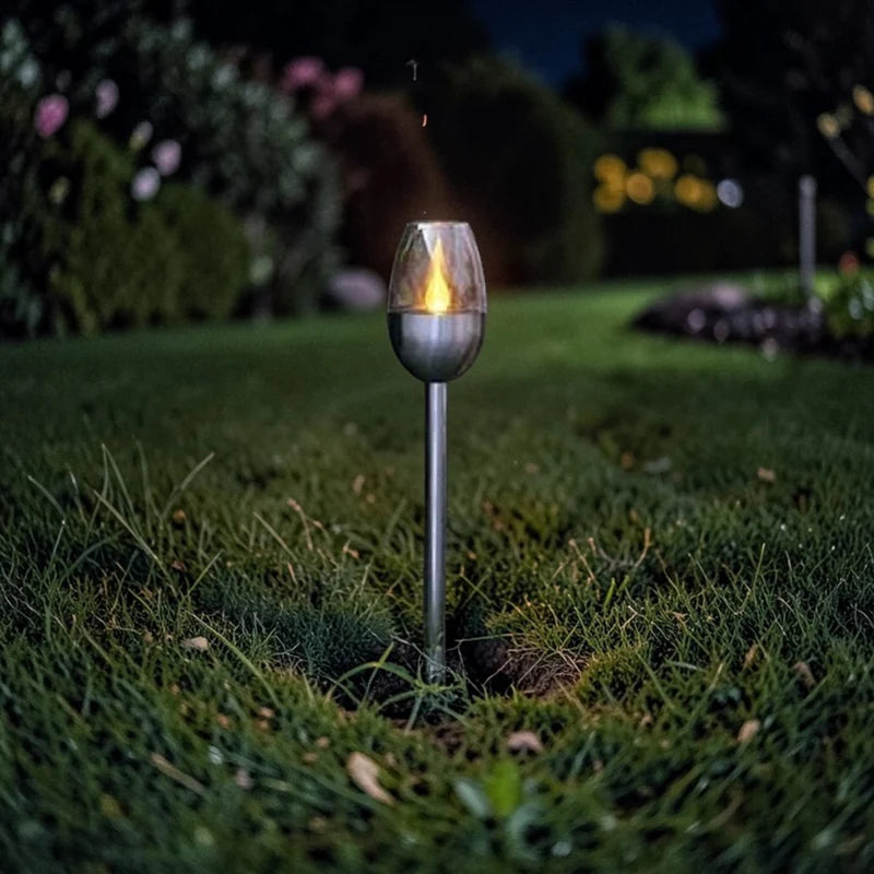 Outdoor Lights, Solar Flame Torch Stake Lights with Stainless Steel Finish, Set of 4
