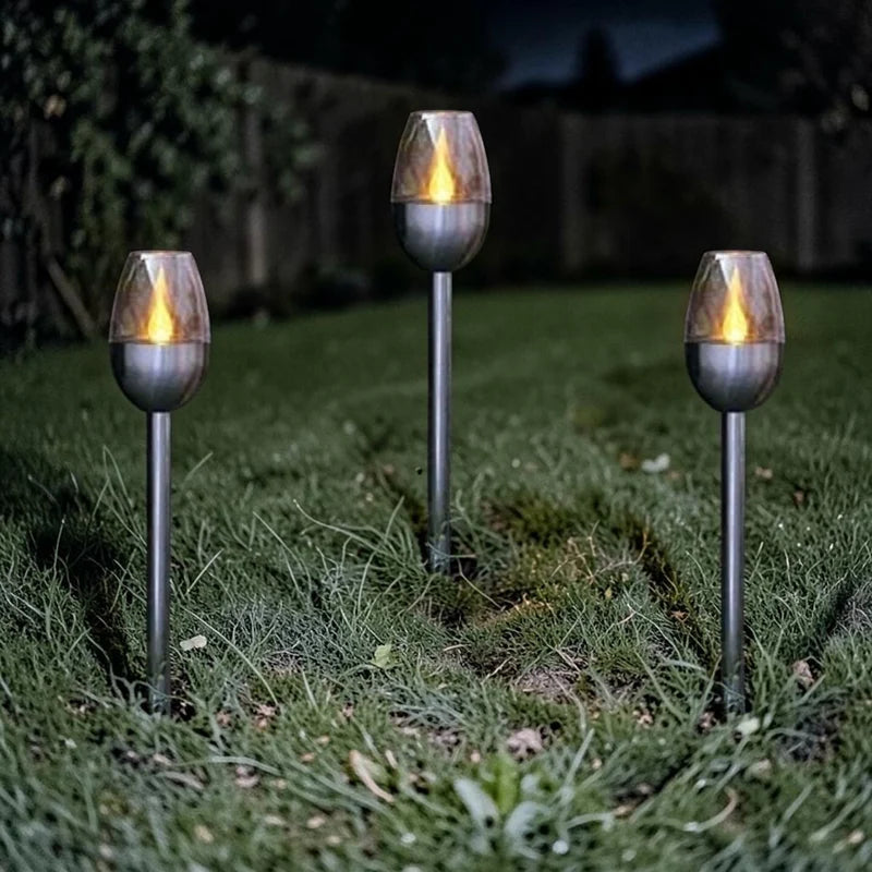 Outdoor Lights, Solar Flame Torch Stake Lights with Stainless Steel Finish, Set of 4