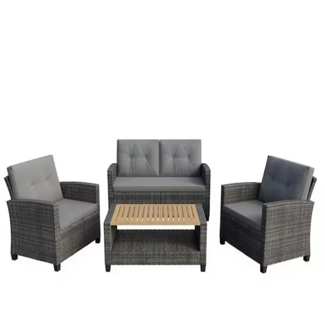 Outdoor Patio, 4 Piece Wicker Seating Set with Cushions and Coffee Table