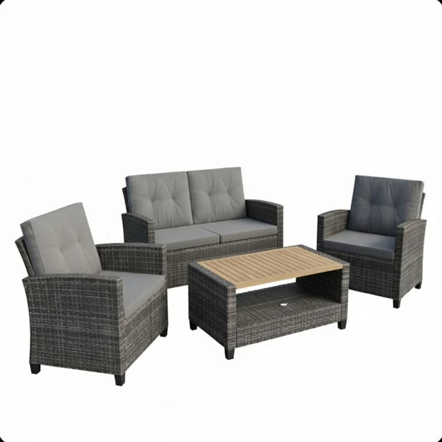 Outdoor Patio, 4 Piece Wicker Seating Set with Cushions and Coffee Table