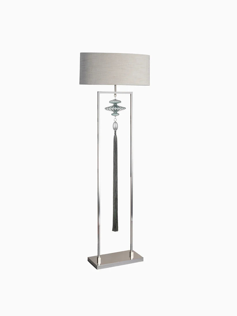 Modern Floor Lamp with Metal Frame, Glass Accent and Fabric Shade